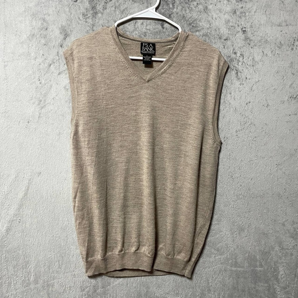 Mens Sweater Vest Large Beige 100% Merino Wool V-Neck Knit